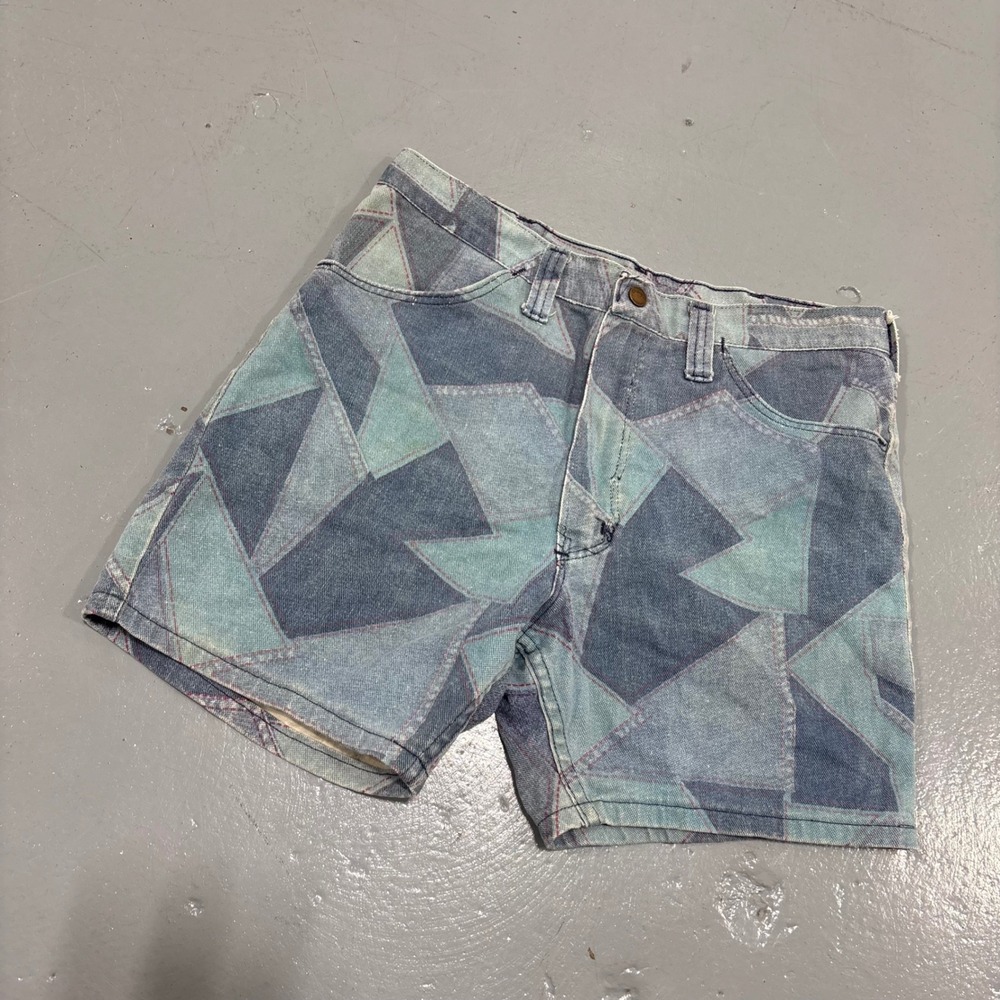Vintage Wrangler Geometric Patchwork Print Denim Shorts Blue Mens 34